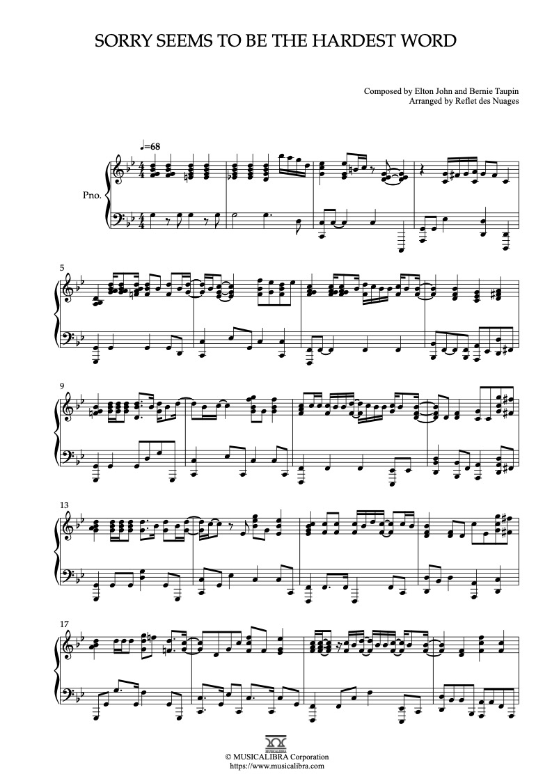 Sheet music of Elton John Sorry Seems to Be the Hardest Word arranged for piano solo preview page 1