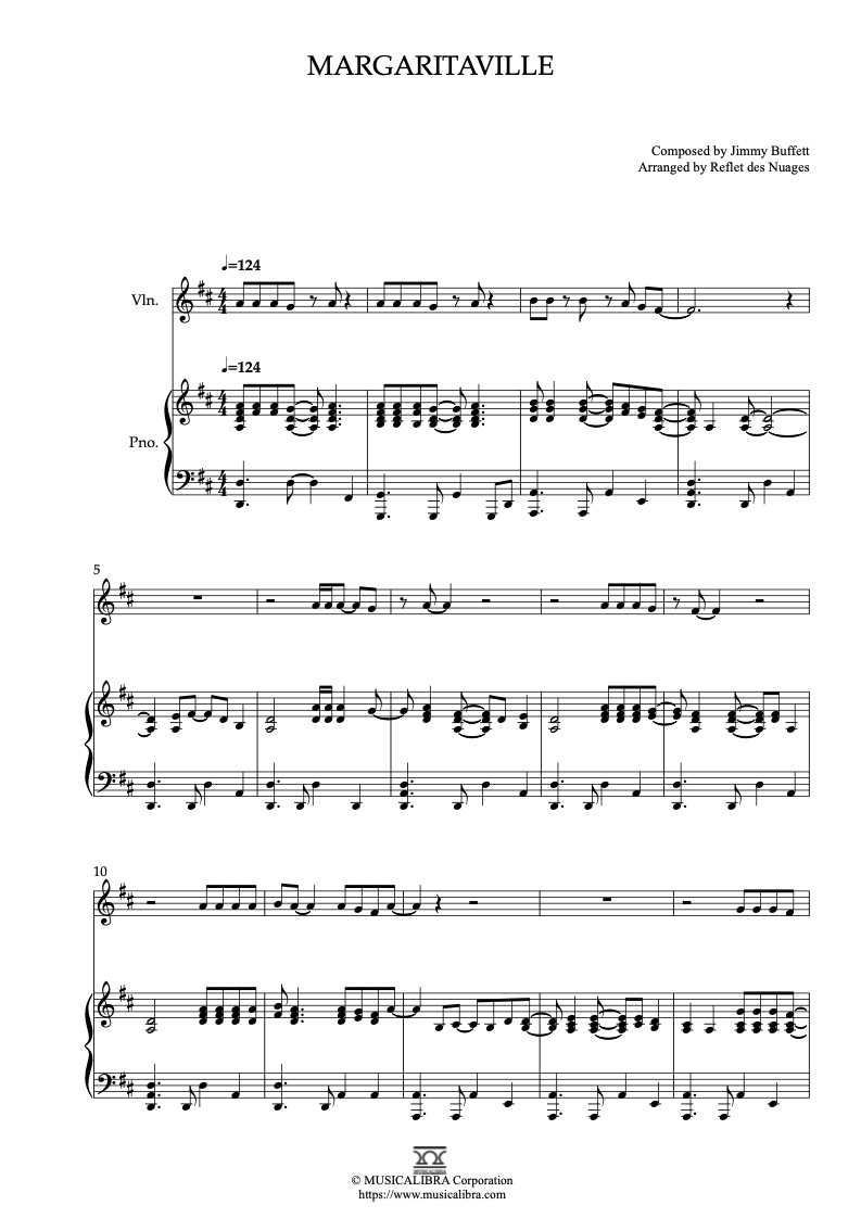 Sheet music of Jimmy Buffett Margaritaville arranged for violin and piano duet chamber ensemble preview page 1