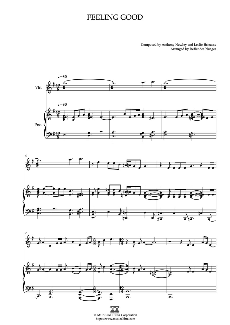 Partitura de Feeling Good(Michael Bublé) arreglada para dueto de violín y piano