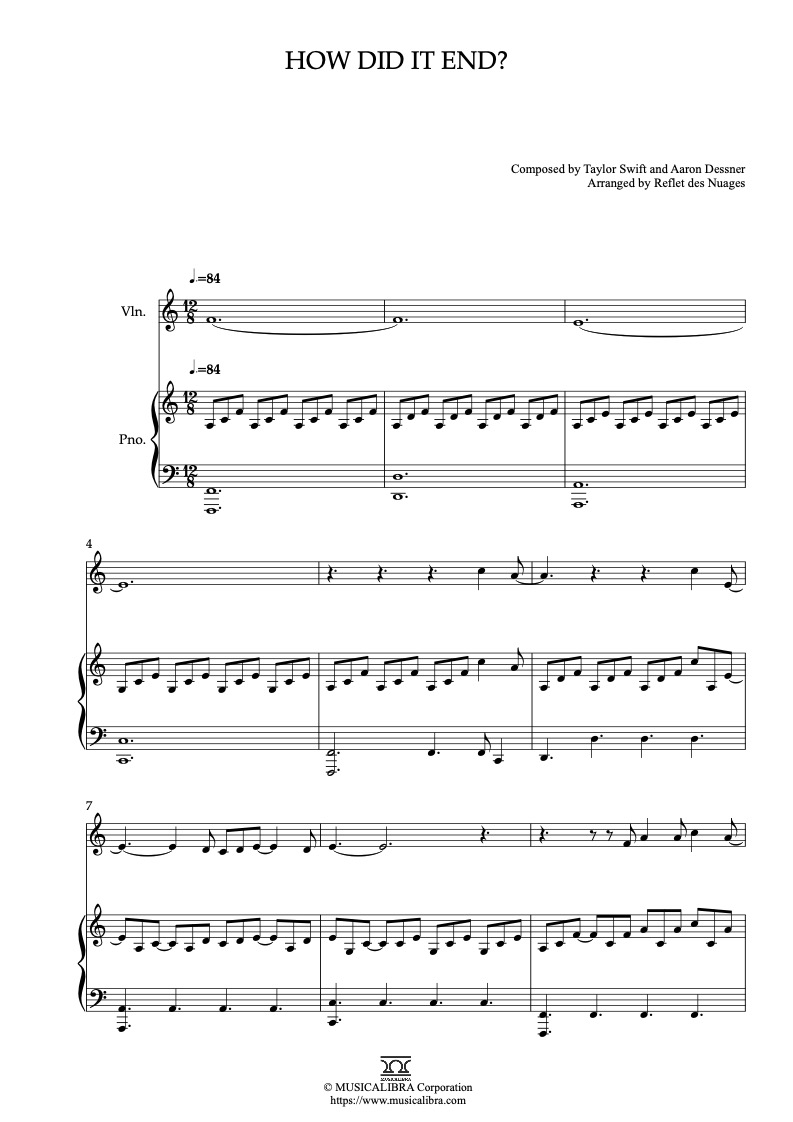 Sheet music of Taylor Swift How Did It End? arranged for violin and piano duet chamber ensemble preview page 1