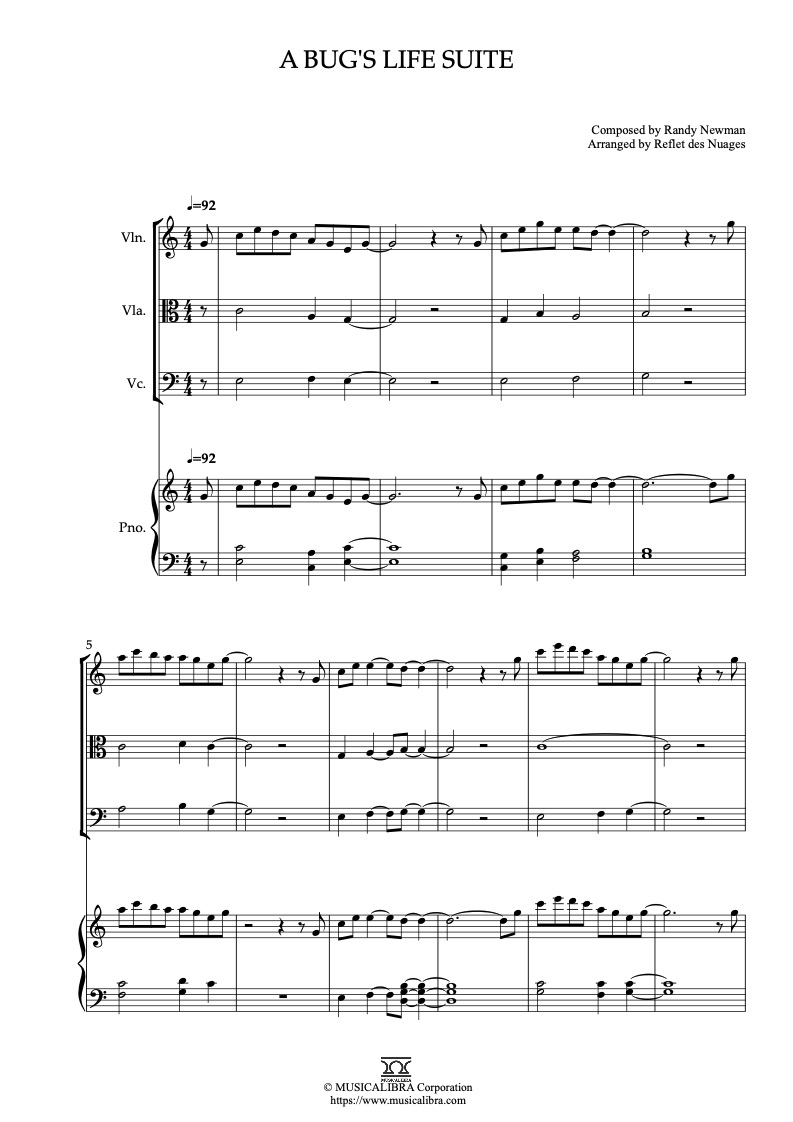 Partitura de A Bug's Life Suite arreglada para cuarteto de violín, viola, violonchelo y piano
