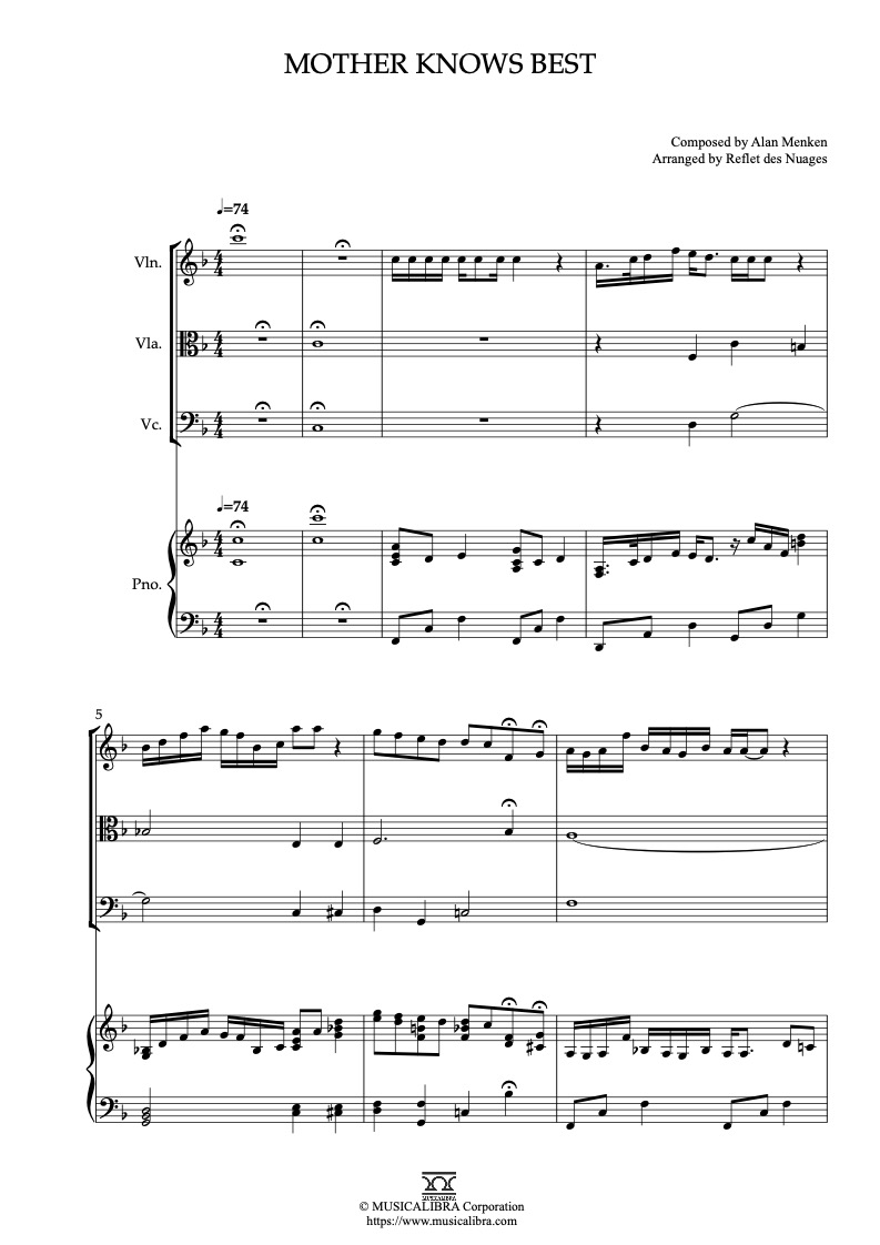 Partitura de Tangled Mother Knows Best arreglada para cuarteto de violín, viola, violonchelo y piano