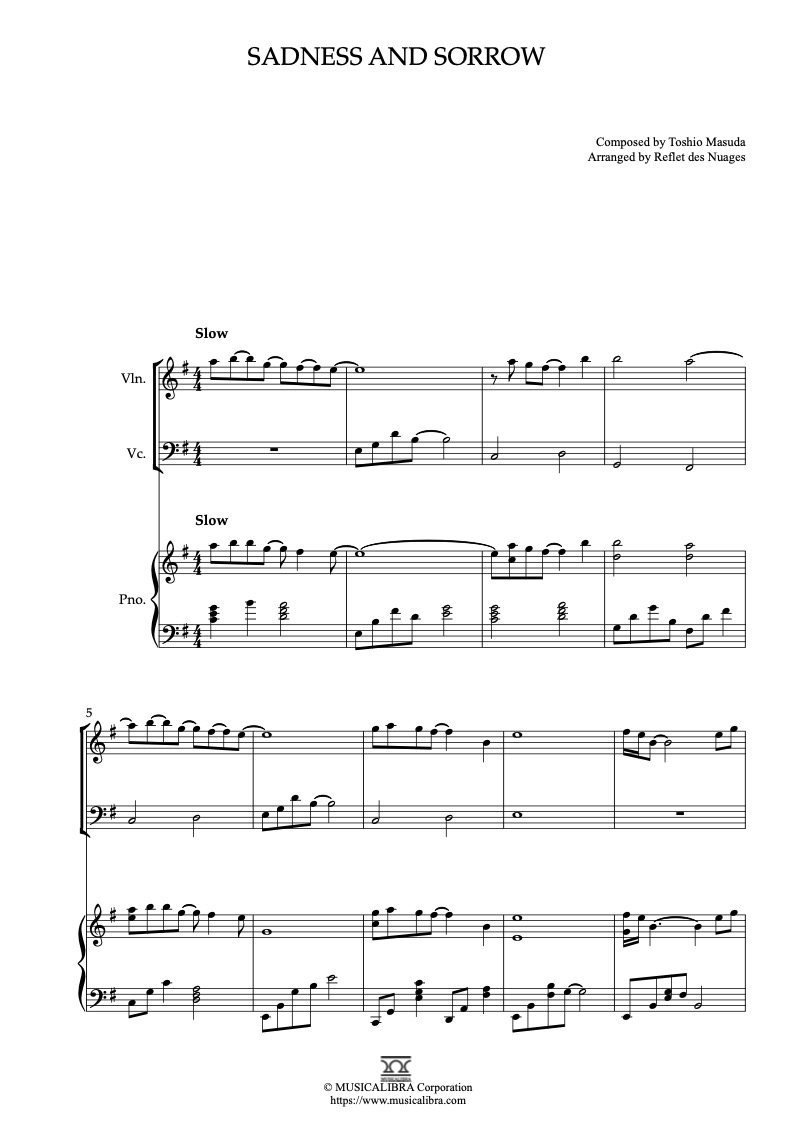 Partitura de Sadness and Sorrow arreglada para trío de violín, violonchelo y piano