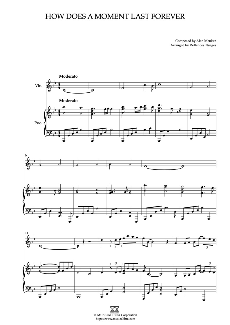 Beauty and the Beast Theme How Does a Moment Last Forever 二重奏 乐谱 - 小提琴, 钢琴