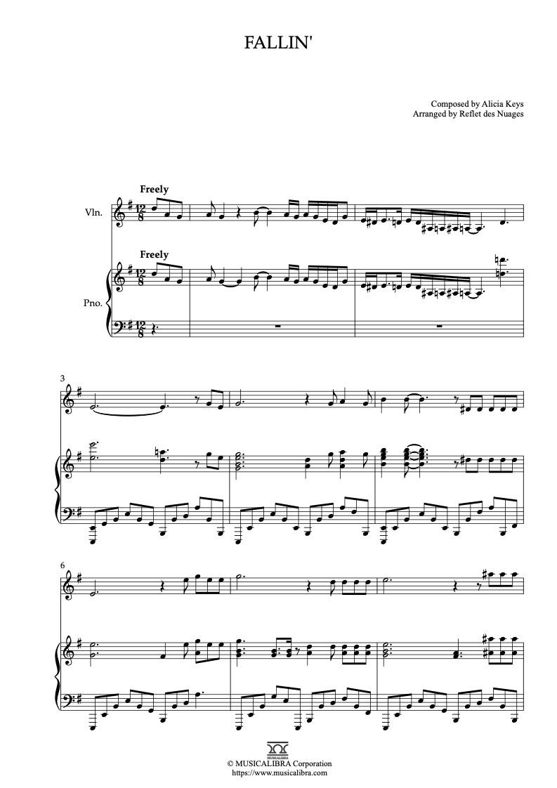 Partitura de Alicia Keys Fallin' arreglada para dueto de violín y piano