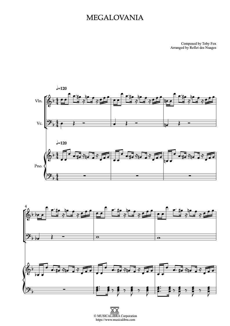 Partitura de Undertale OST Megalovania arreglada para trío de violín, violonchelo y piano