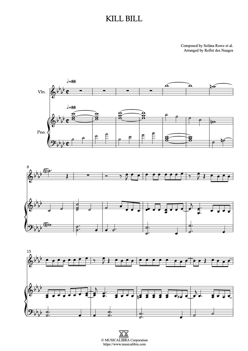 Sheet music of Sza Kill Bill arranged for violin and piano duet preview page 1
