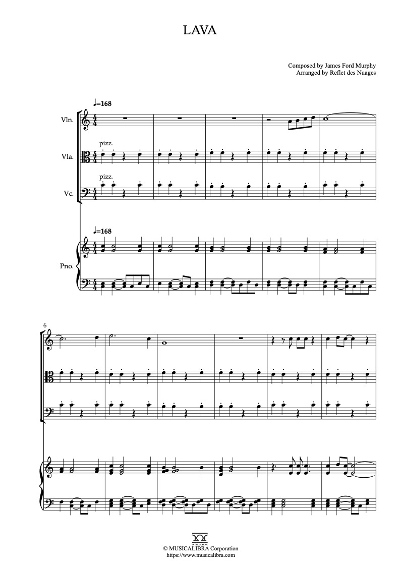Sheet music of Lava arranged for violin, viola, cello and piano quartet chamber ensemble preview page 1