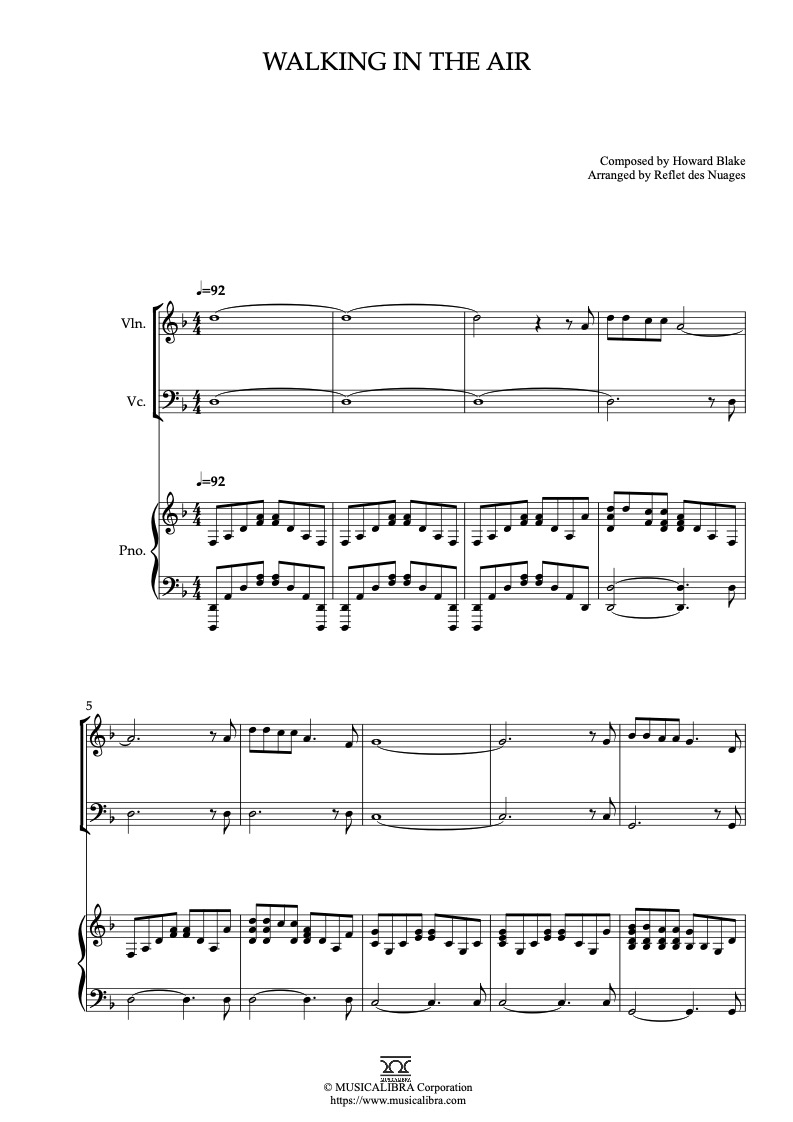 Partitura de The Snowman Walking in the Air arreglada para trío de violín, violonchelo y piano