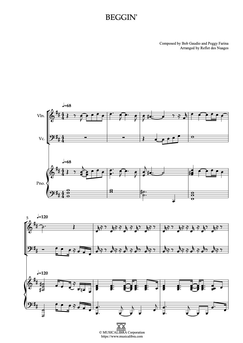 Partitura de Måneskin Beggin' arreglada para trío de violín, violonchelo y piano