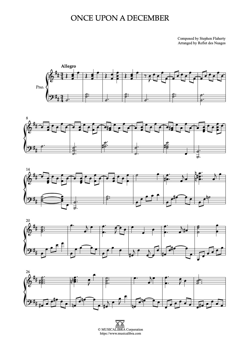 Sheet music of Anastasia Once Upon a December arranged for piano solo preview page 1