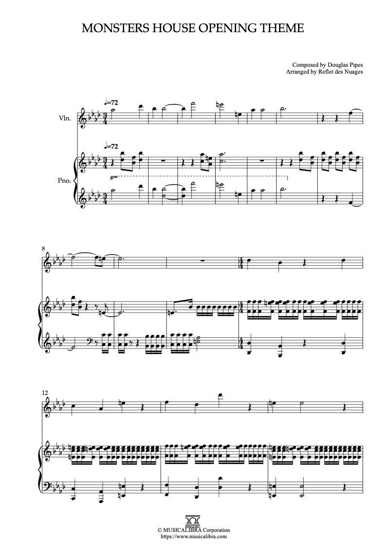 Partitura de Monsters House Opening Theme arreglada para dueto de violín y piano