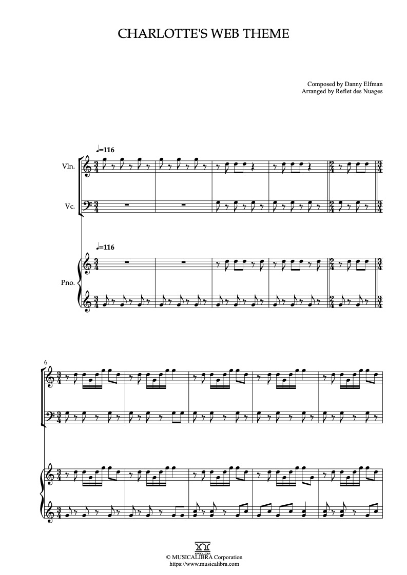 Partitura de Charlotte's Web Theme arreglada para trío de violín, violonchelo y piano