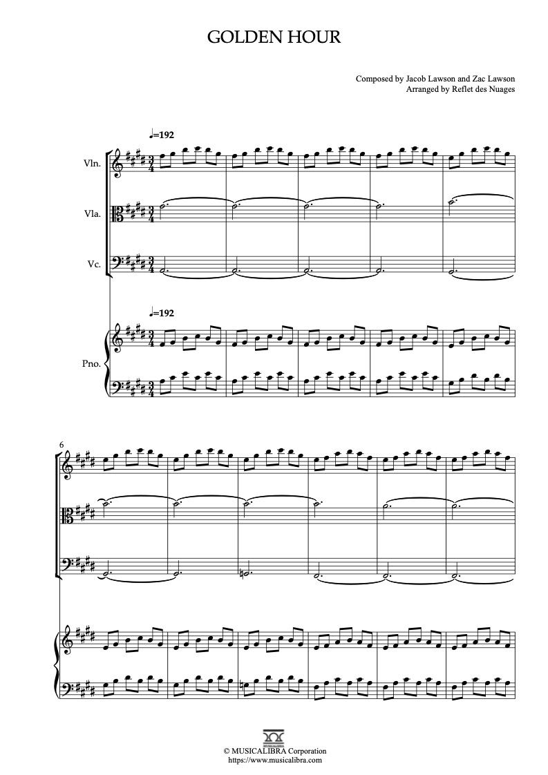 Partitura de JVKE golden hour arreglada para cuarteto de violín, viola, violonchelo y piano