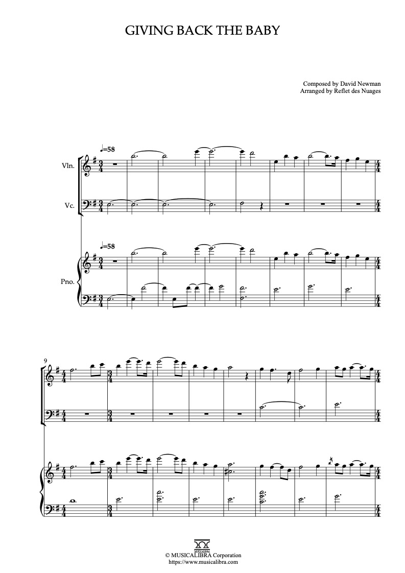 Sheet music of Ice Age Giving Back the Baby arranged for violin, cello and piano trio chamber ensemble preview page 1