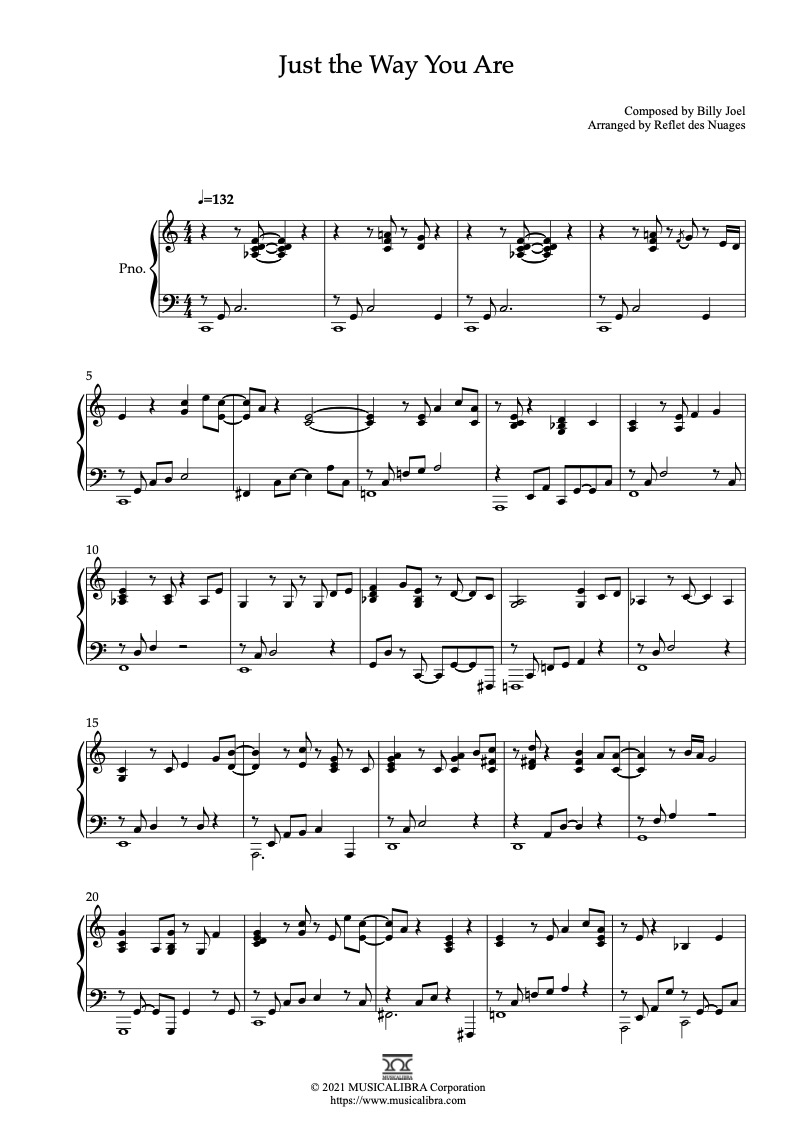 Sheet music of Billy Joel Just the Way You Are arranged for piano solo preview page 1