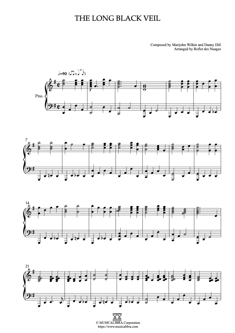 Sheet music of The Chieftains The Long Black Veil arranged for piano solo preview page 1