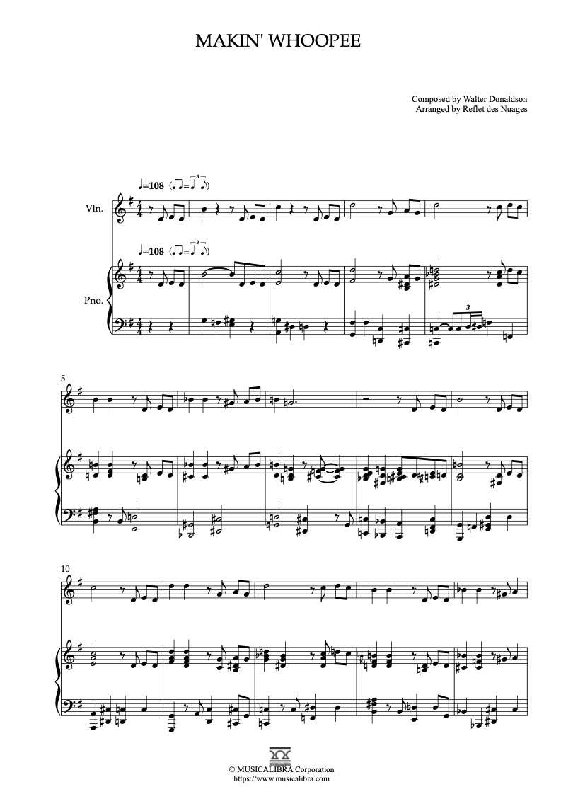 Sheet music of Makin' Whoopee arranged for violin and piano duet chamber ensemble preview page 1