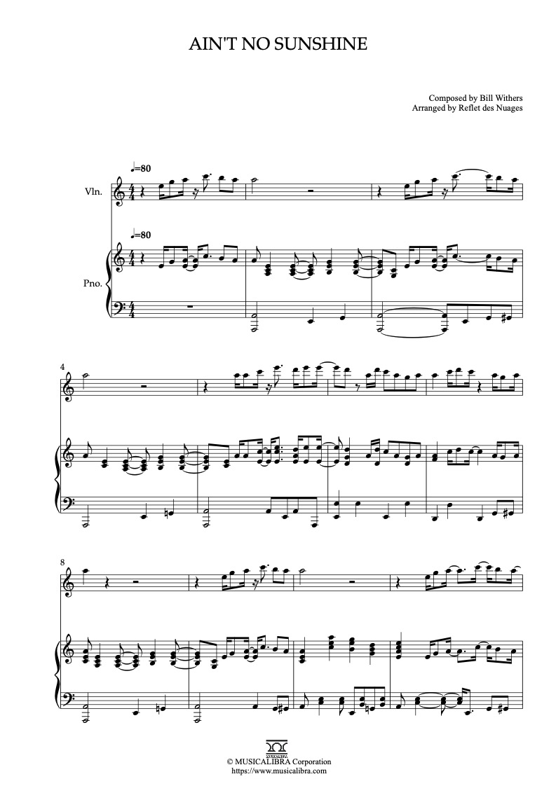 Sheet music of Bill Withers Ain't No Sunshine arranged for violin and piano duet chamber ensemble preview page 1