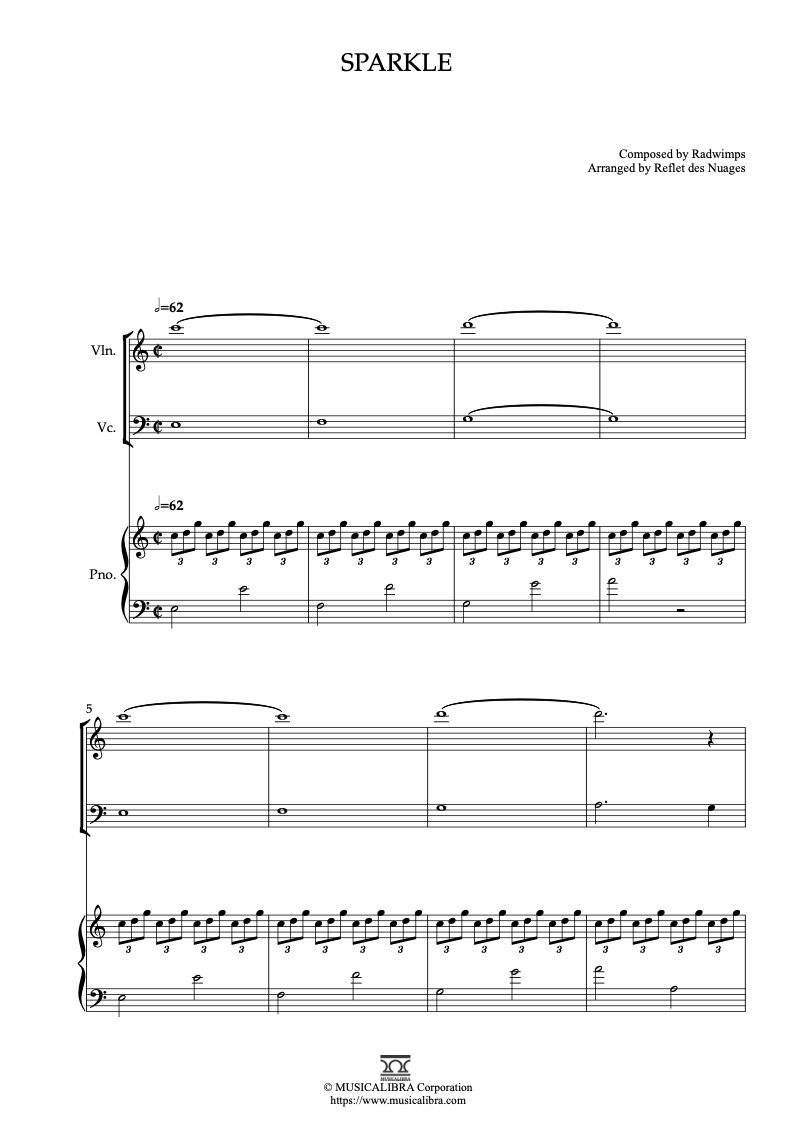 Partitura de RADWIMPS Sparkle arreglada para trío de violín, violonchelo y piano