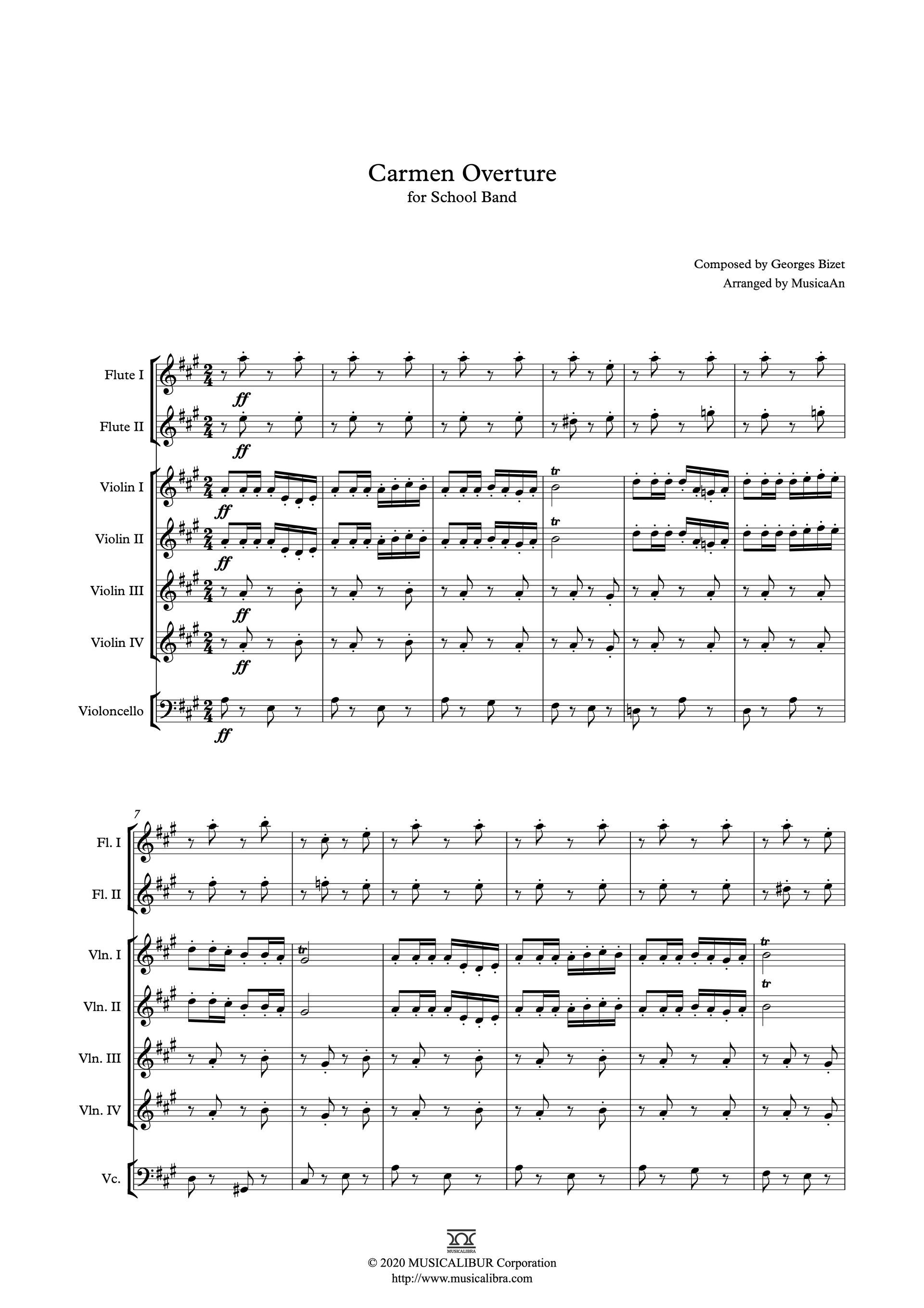 Sheet music of Bijet's Carmen Overture arranged for saxophone septet preview page 1