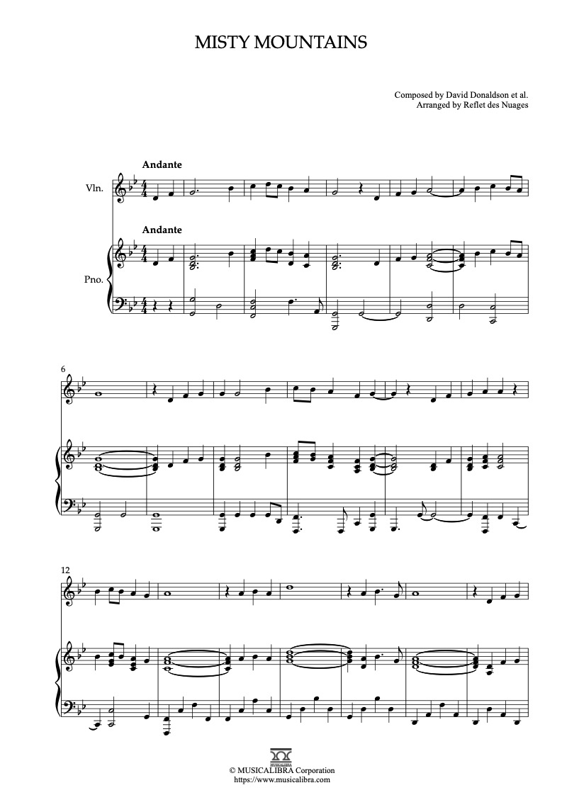 Partitura de The Hobbit Soundtrack Misty Mountains arreglada para dueto de violín y piano