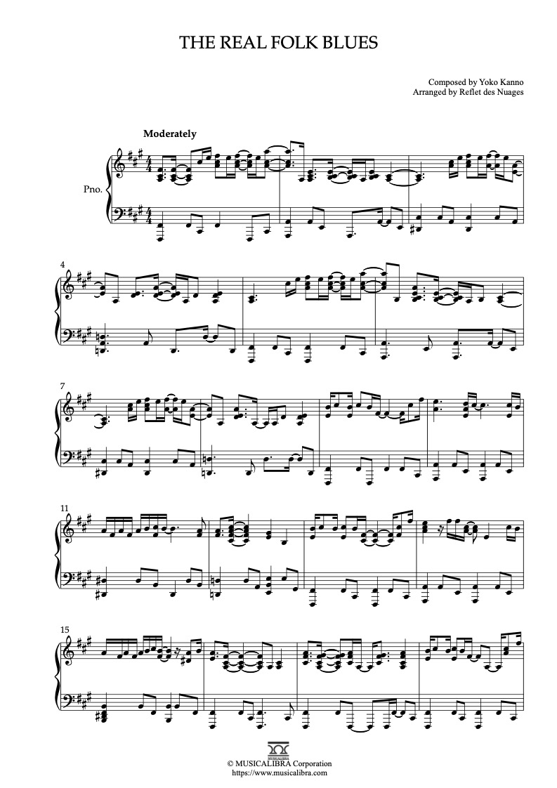 Partitura de Cowboy Bebop The Real Folk Blues arreglada para piano solo