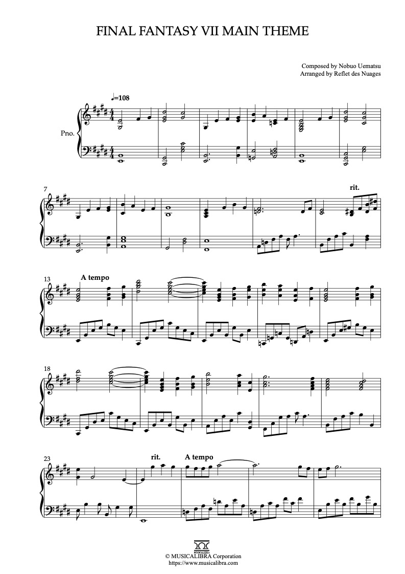 Final Fantasy VII Main Theme 二重奏 乐谱 - 小提琴, 钢琴
