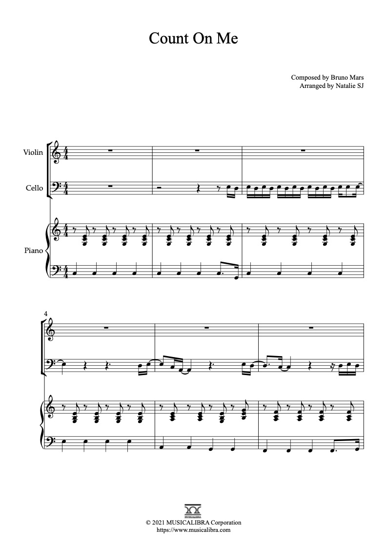 Trio Sheet Music Count On Me By Bruno Mars Violin Cello And Piano Chamber Ensemble Musicalibra