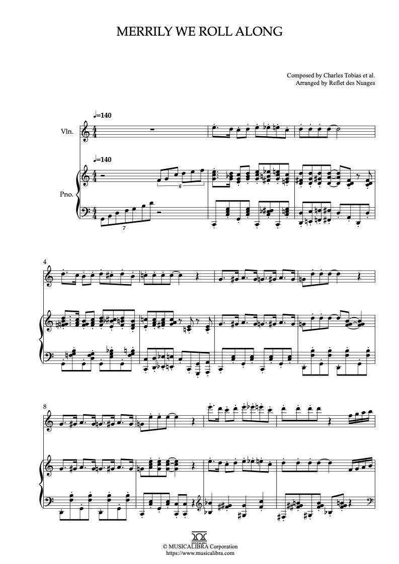Partitura de Looney Tunes Merrily We Roll Along arreglada para dueto de violín y piano