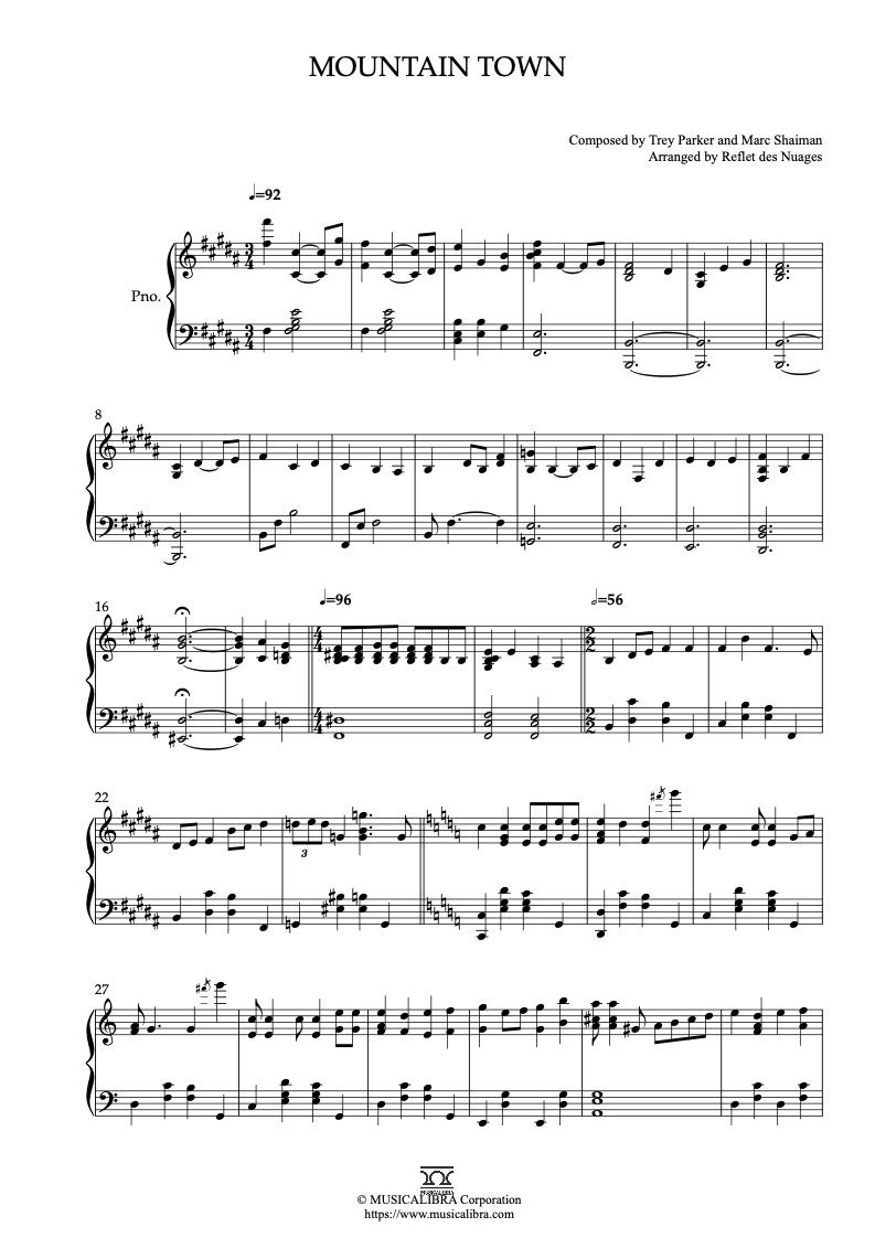 Partitura de South Park Mountain Town arreglada para piano solo