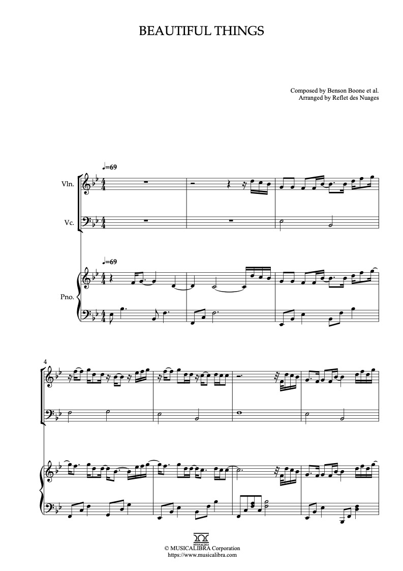 Sheet music of Benson Boone Beautiful Things arranged for violin, cello and piano trio chamber ensemble preview page 1