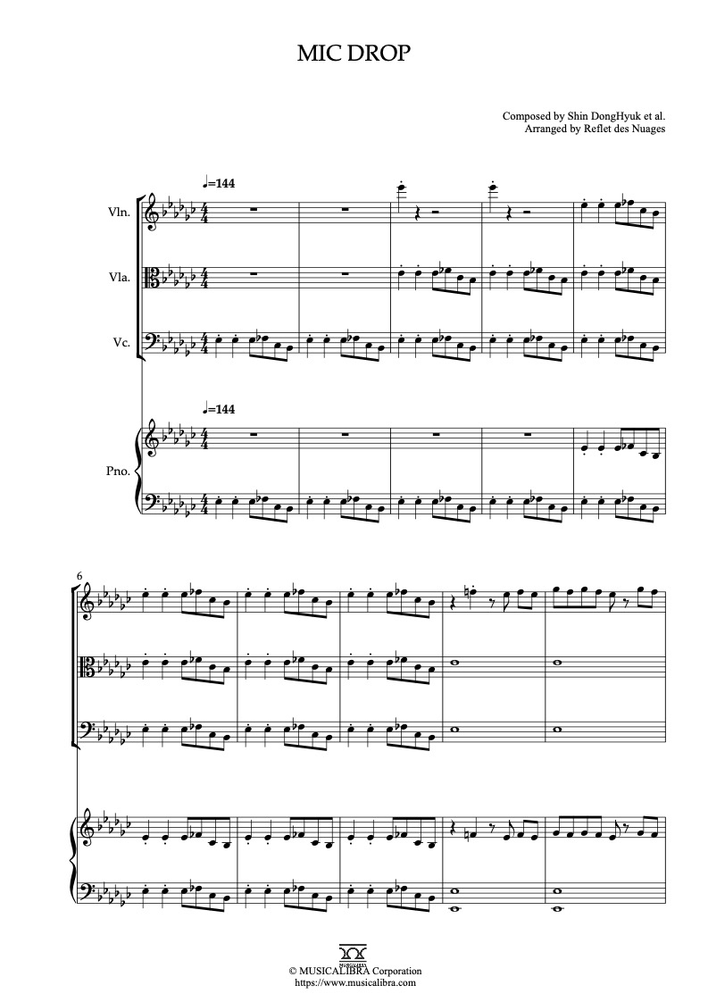 Partitura de BTS Mic Drop arreglada para cuarteto de violín, viola, violonchelo y piano