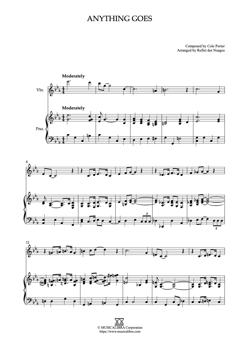 Sheet music of Cole Porter Anything Goes arranged for violin and piano duet preview page 1