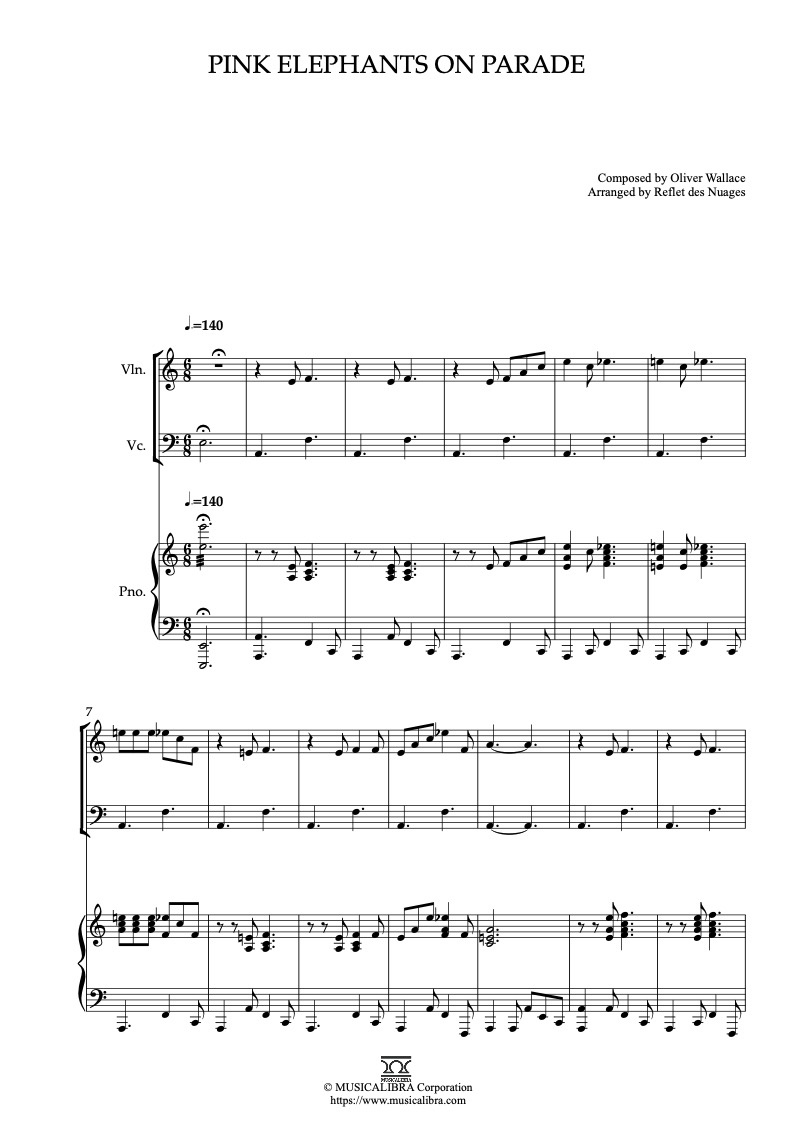 Partitura de Dumbo Pink Elephants on Parade arreglada para trío de violín, violonchelo y piano