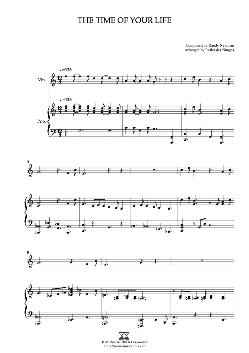 Partitura de A Bug's Life The Time of Your Life arreglada para dueto de violín y piano