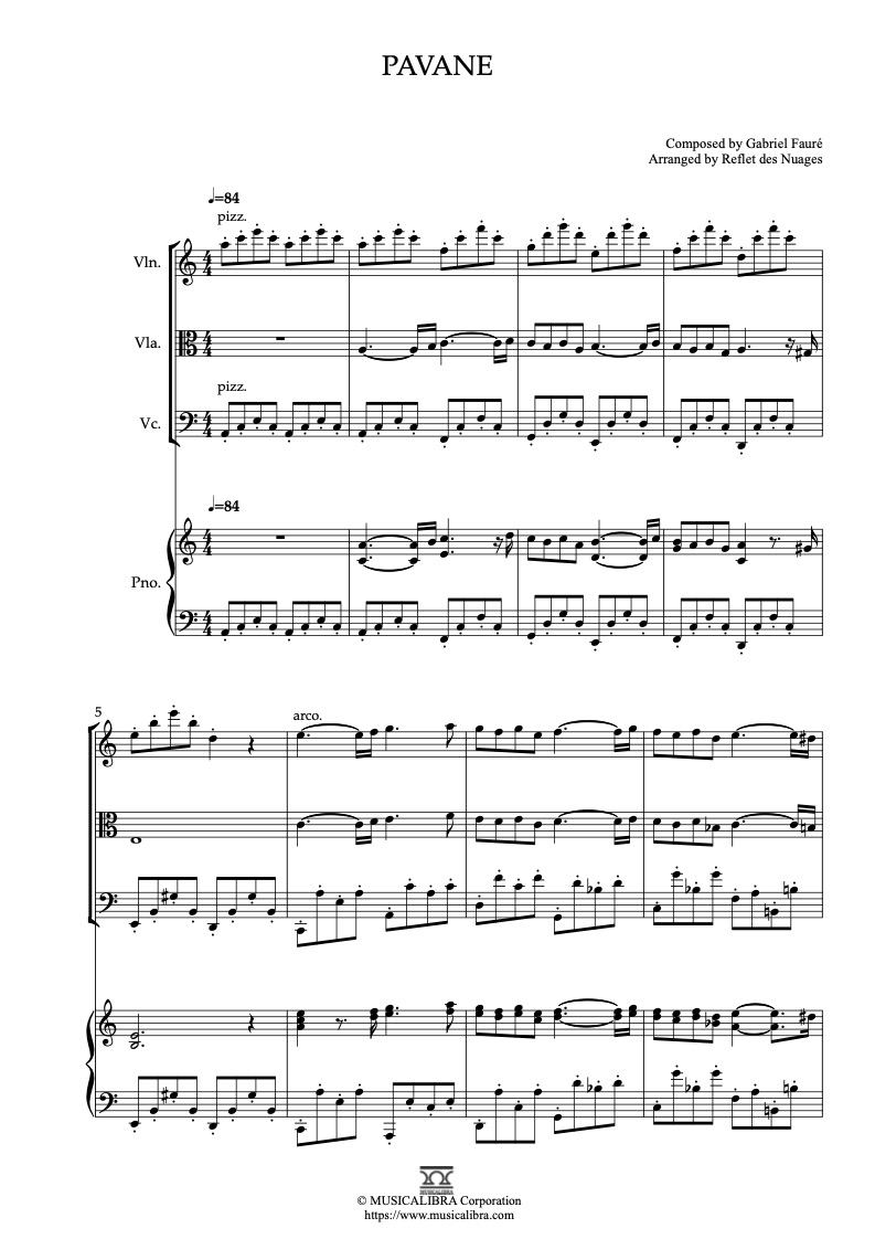 Partitura de Gabriel Fauré Pavane arreglada para cuarteto de violín, viola, violonchelo y piano