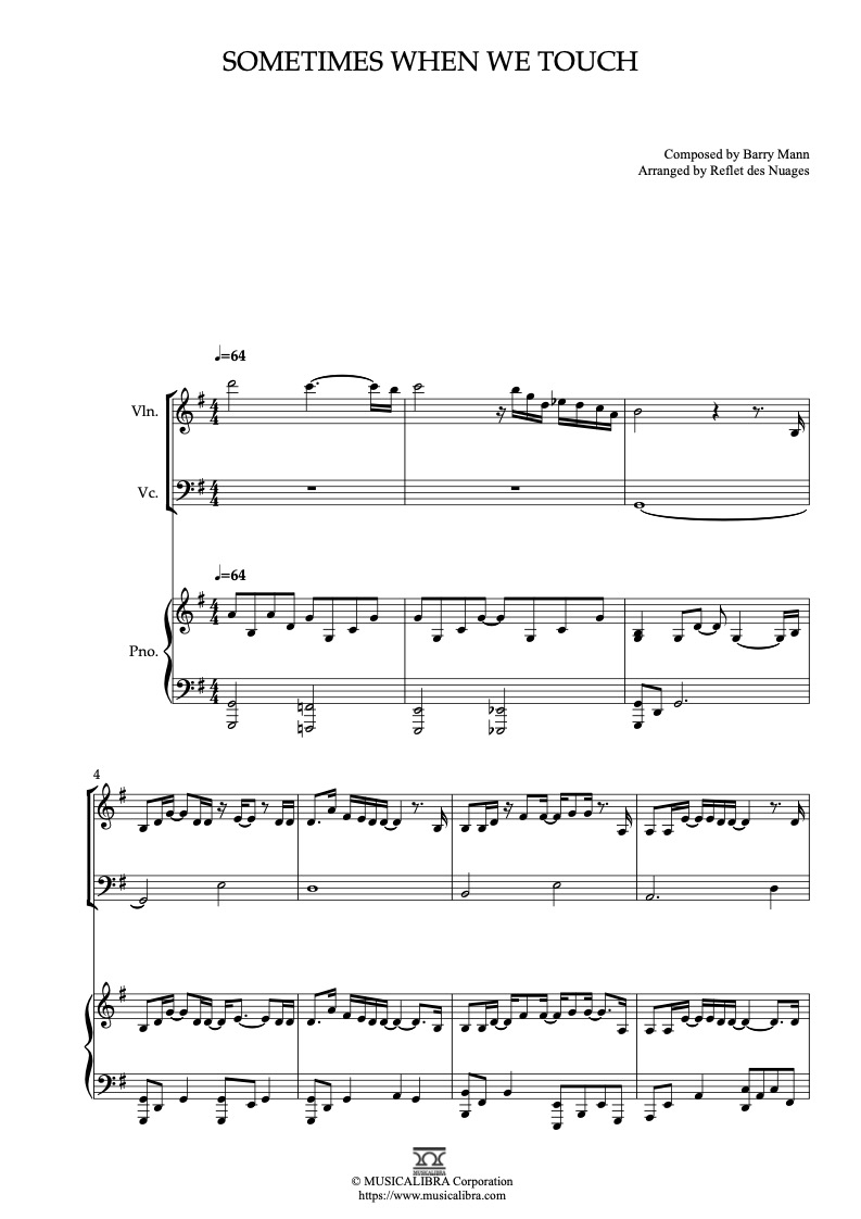 Dan Hill Sometimes When We Touch 三重奏 乐谱 - 小提琴, 大提琴, 钢琴