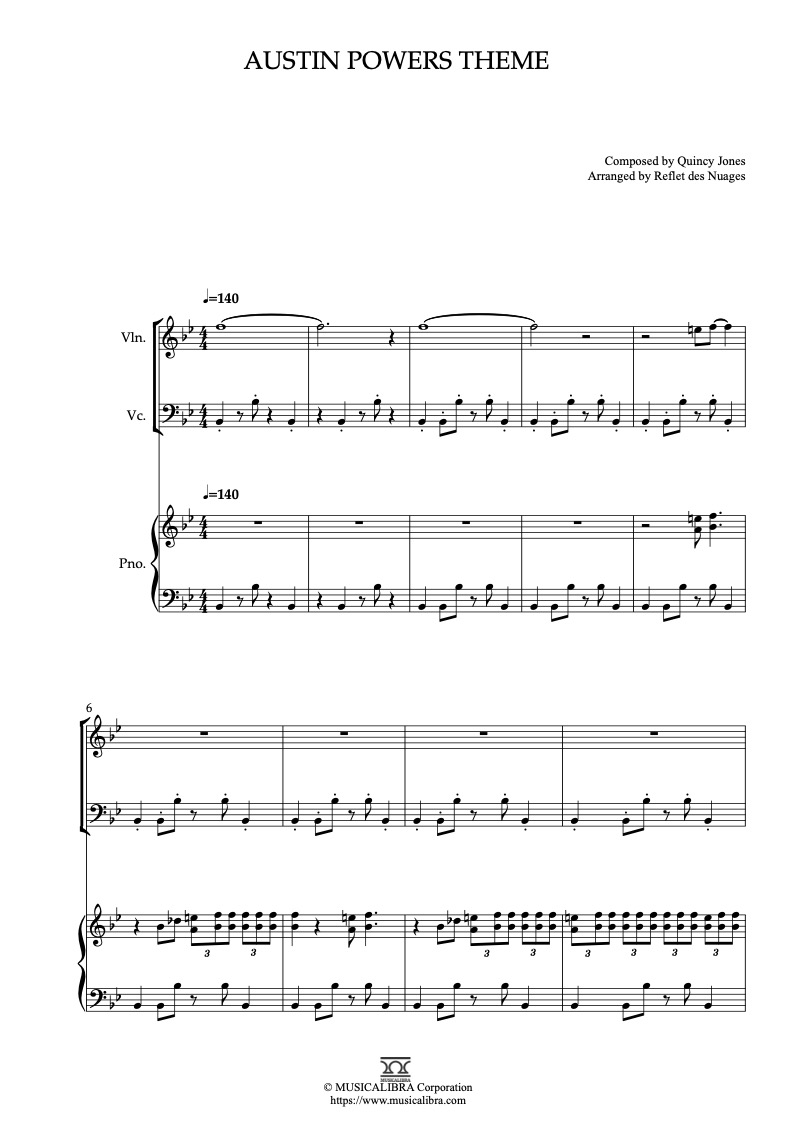 Sheet music of Austin Powers Theme arranged for violin, cello and piano trio chamber ensemble preview page 1