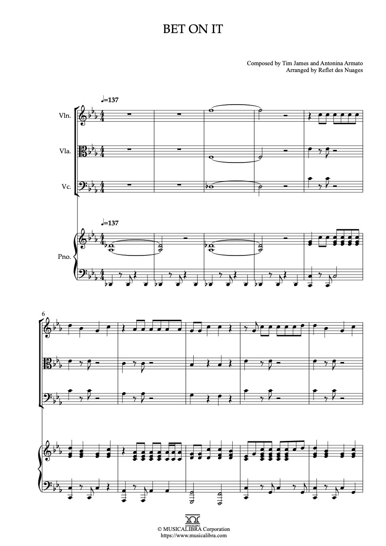 Partitura de High Shool Musical Bet on It arreglada para cuarteto de violín, viola, violonchelo y piano