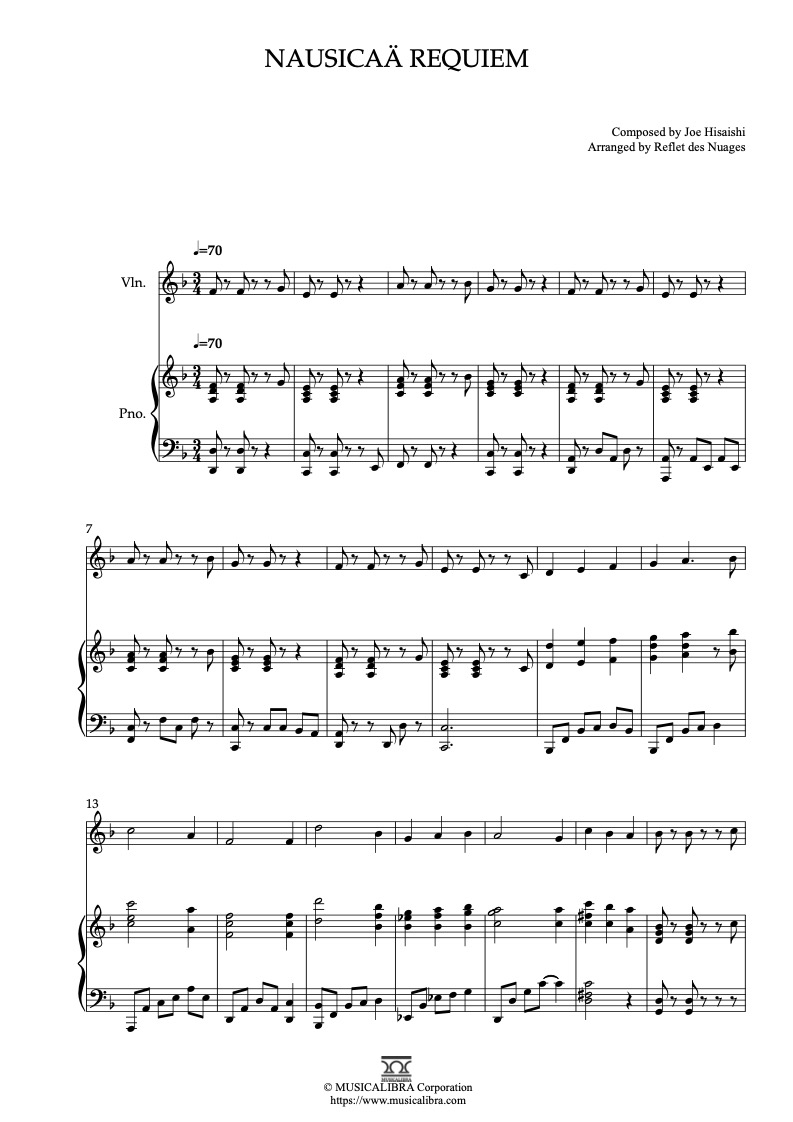 Sheet music of Nausicaä Requiem arranged for violin and piano duet chamber ensemble preview page 1