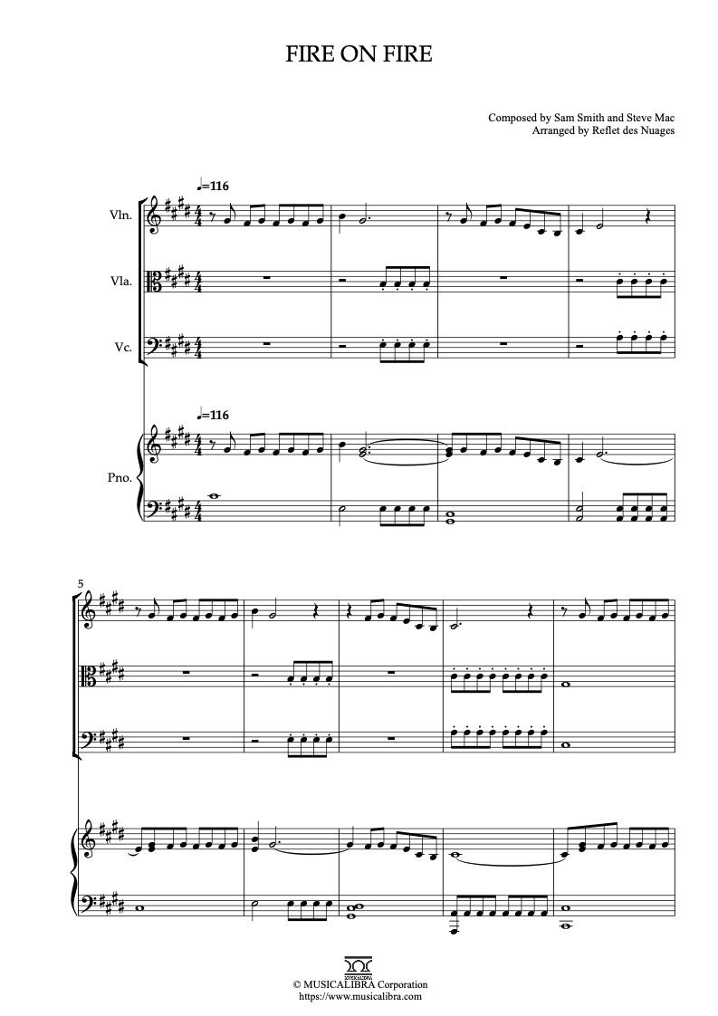 Partitura de Watership Down Fire on Fire arreglada para cuarteto de violín, viola, violonchelo y piano