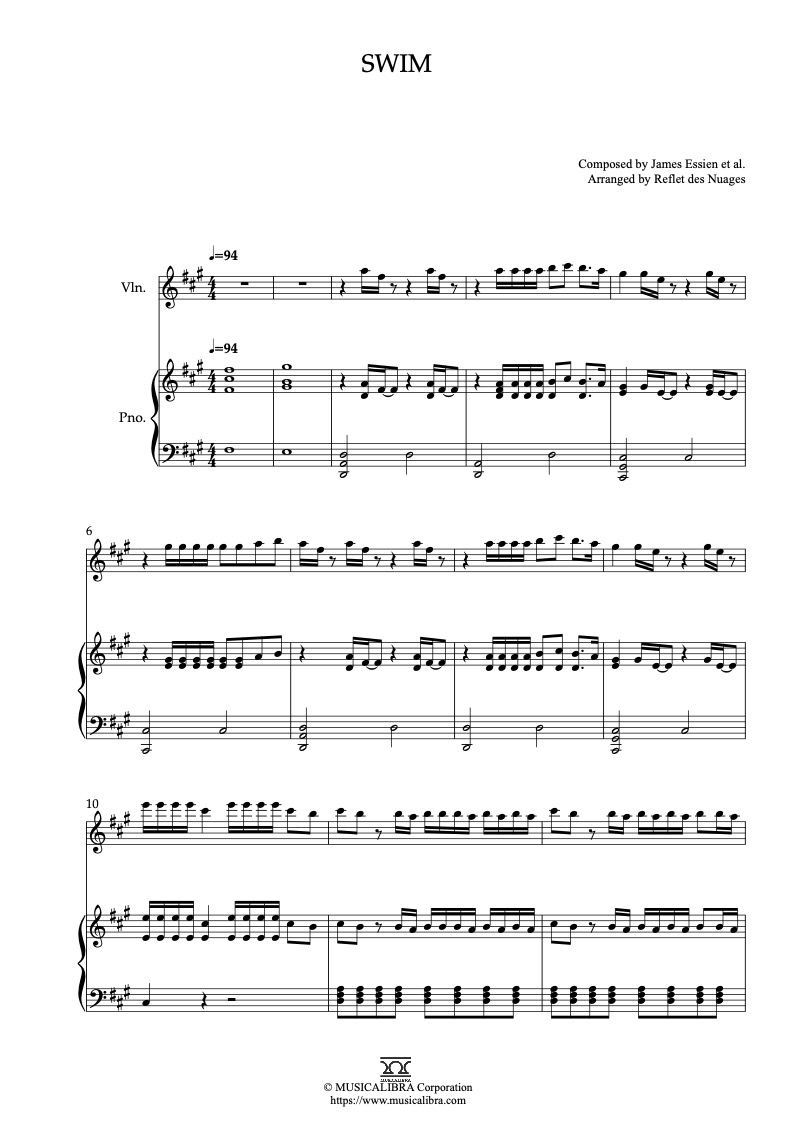 BTS SWIM 編曲楽譜 - ヴァイオリン、ピアノデュエット