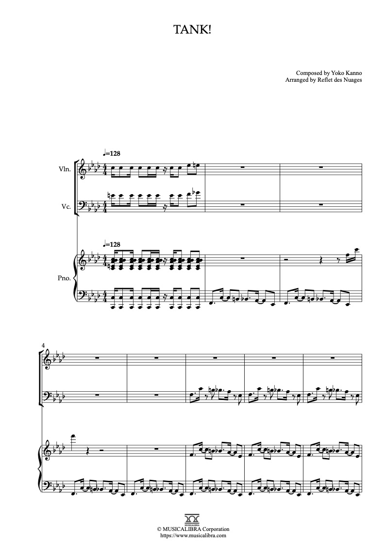 カウボーイビバップ Tank! 編曲楽譜 - ヴァイオリン、チェロ、ピアノトリオ