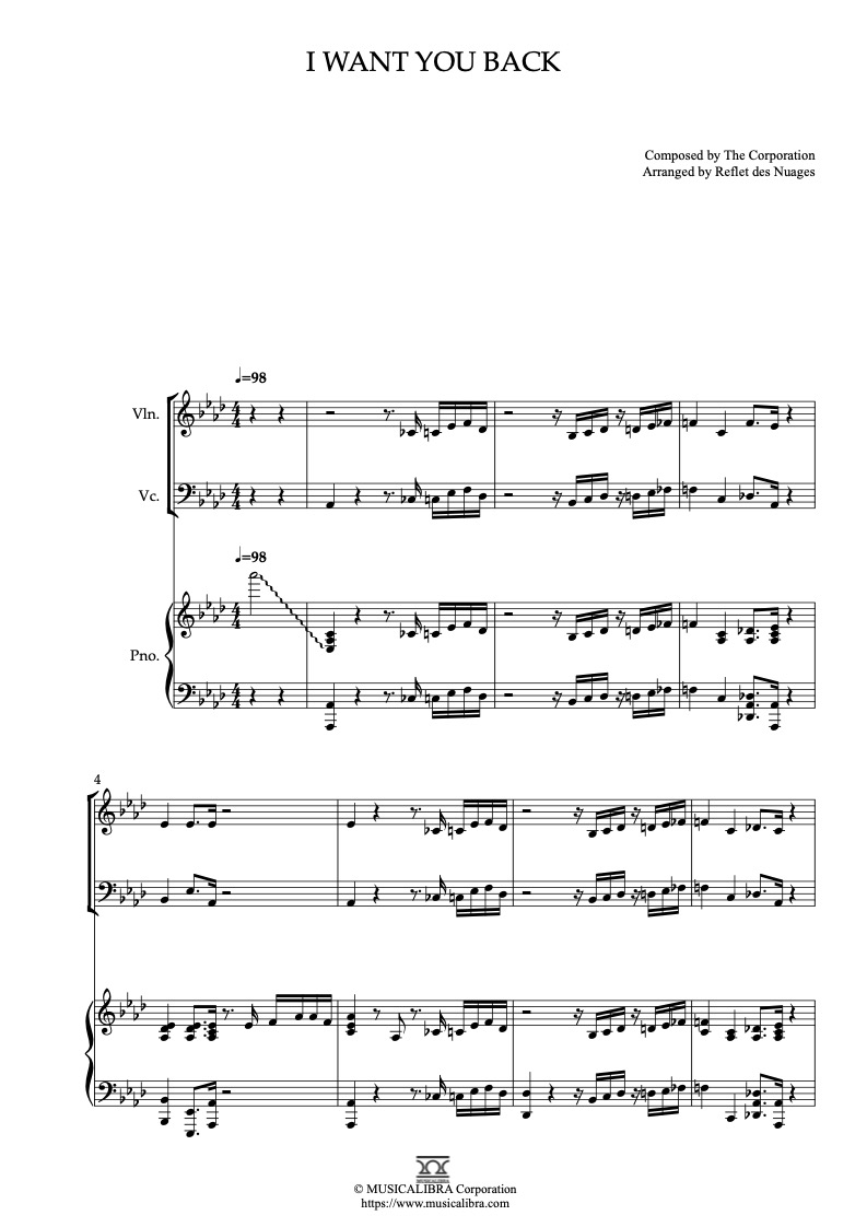Sheet music of I Want You Back arranged for violin, cello and piano trio chamber ensemble preview page 1