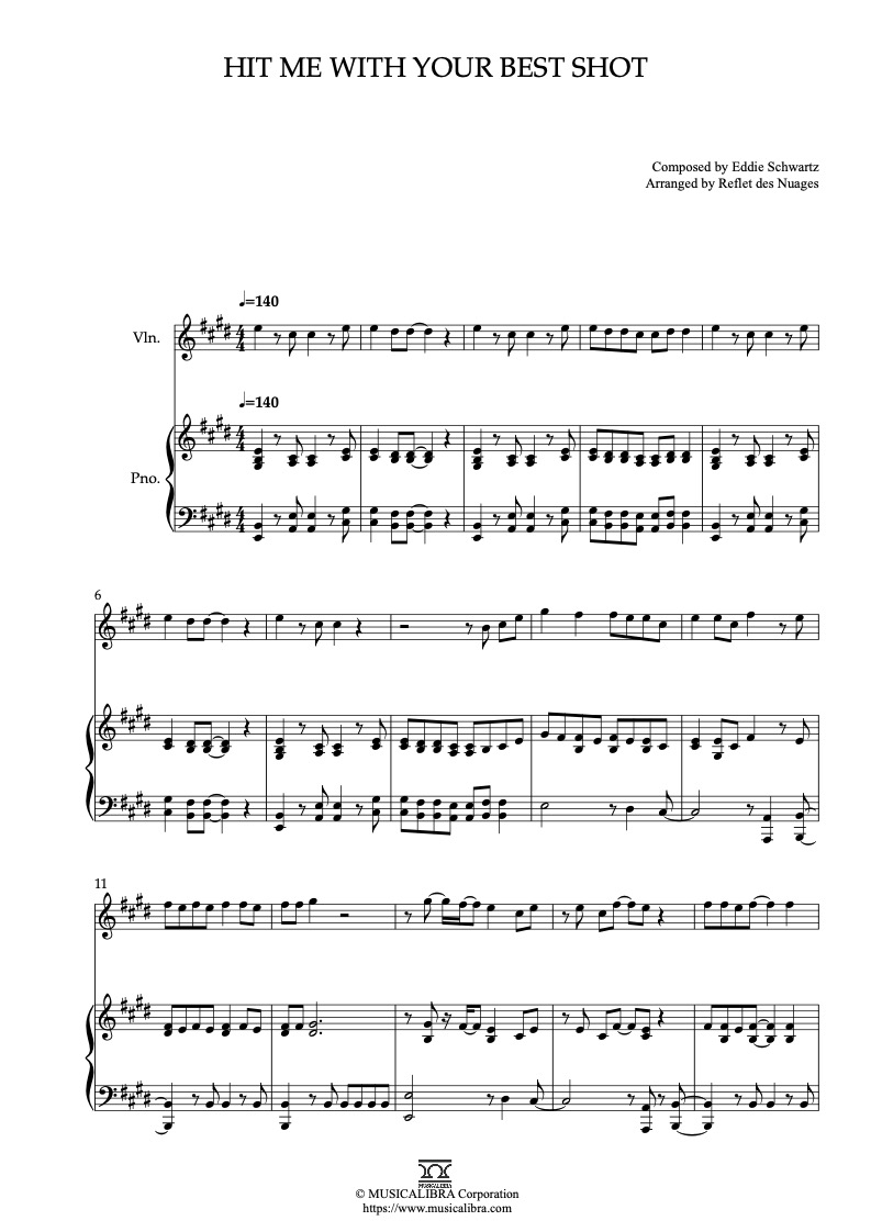 Sheet music of Pat Benatar Hit Me With Your Best Shot arranged for violin and piano duet chamber ensemble preview page 1
