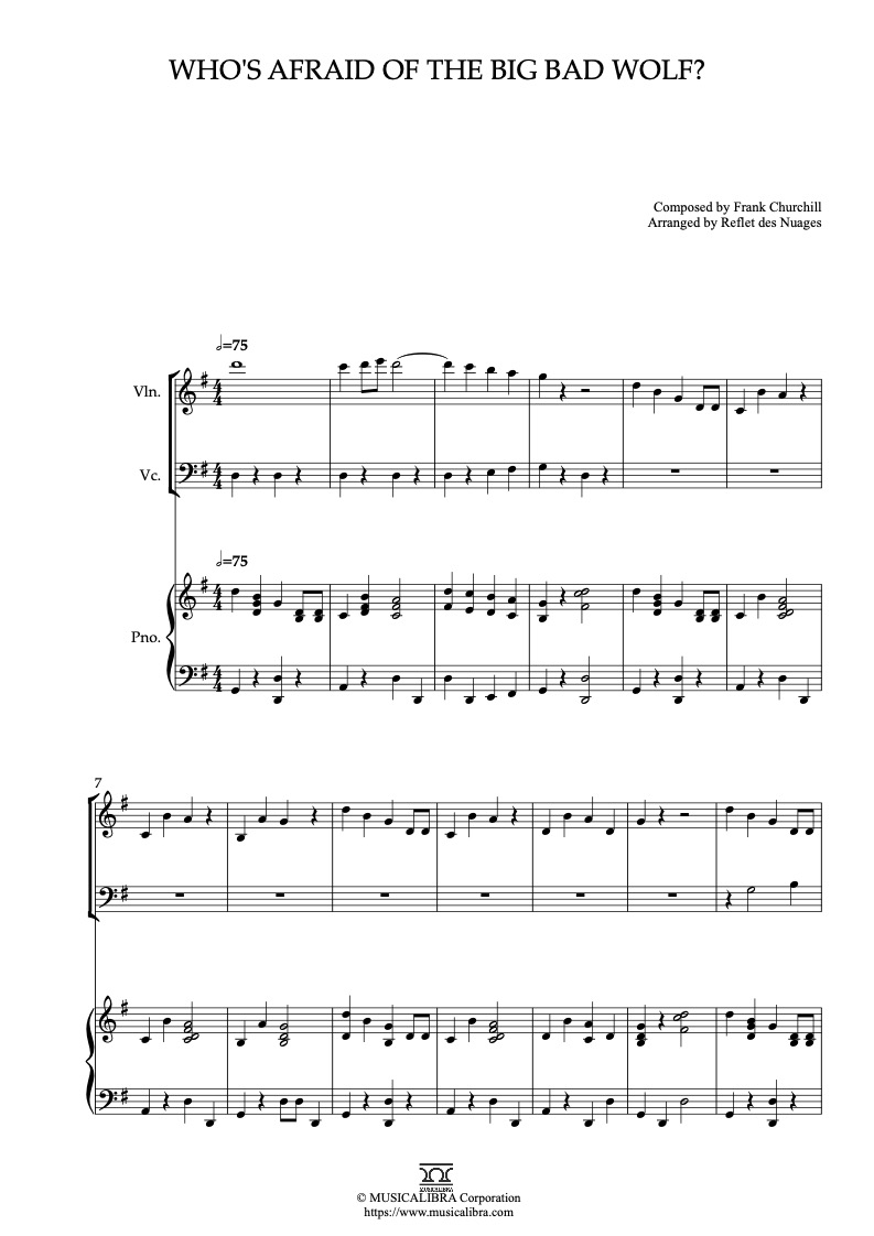 Sheet music of Three Little Pigs Who’s Afraid of the Big Bad Wolf? arranged for violin, cello and piano trio chamber ensemble preview page 1