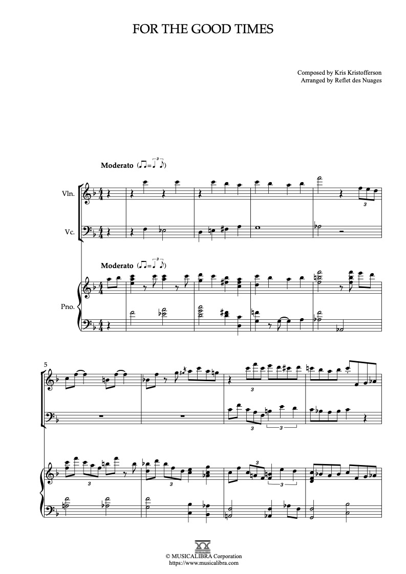 Sheet music of Kris Kristofferson For the Good Times arranged for violin, cello and piano trio chamber ensemble preview page 1