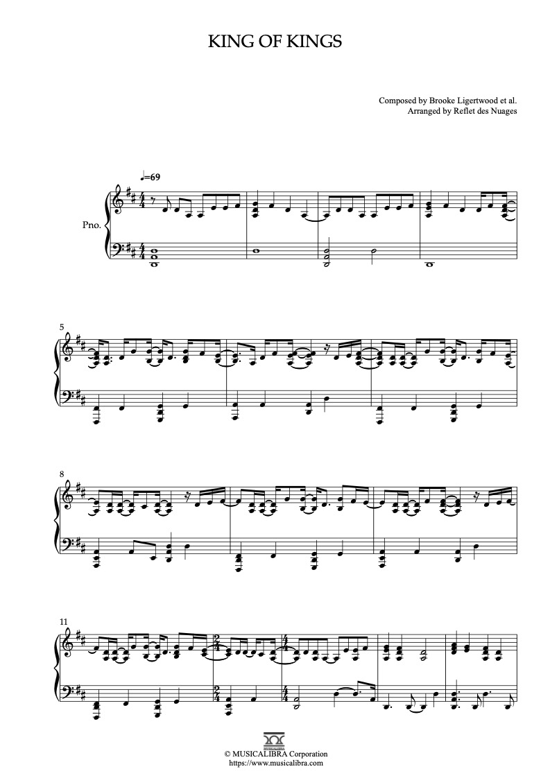 Partitura de Hillsong Worship King of Kings arreglada para piano solo