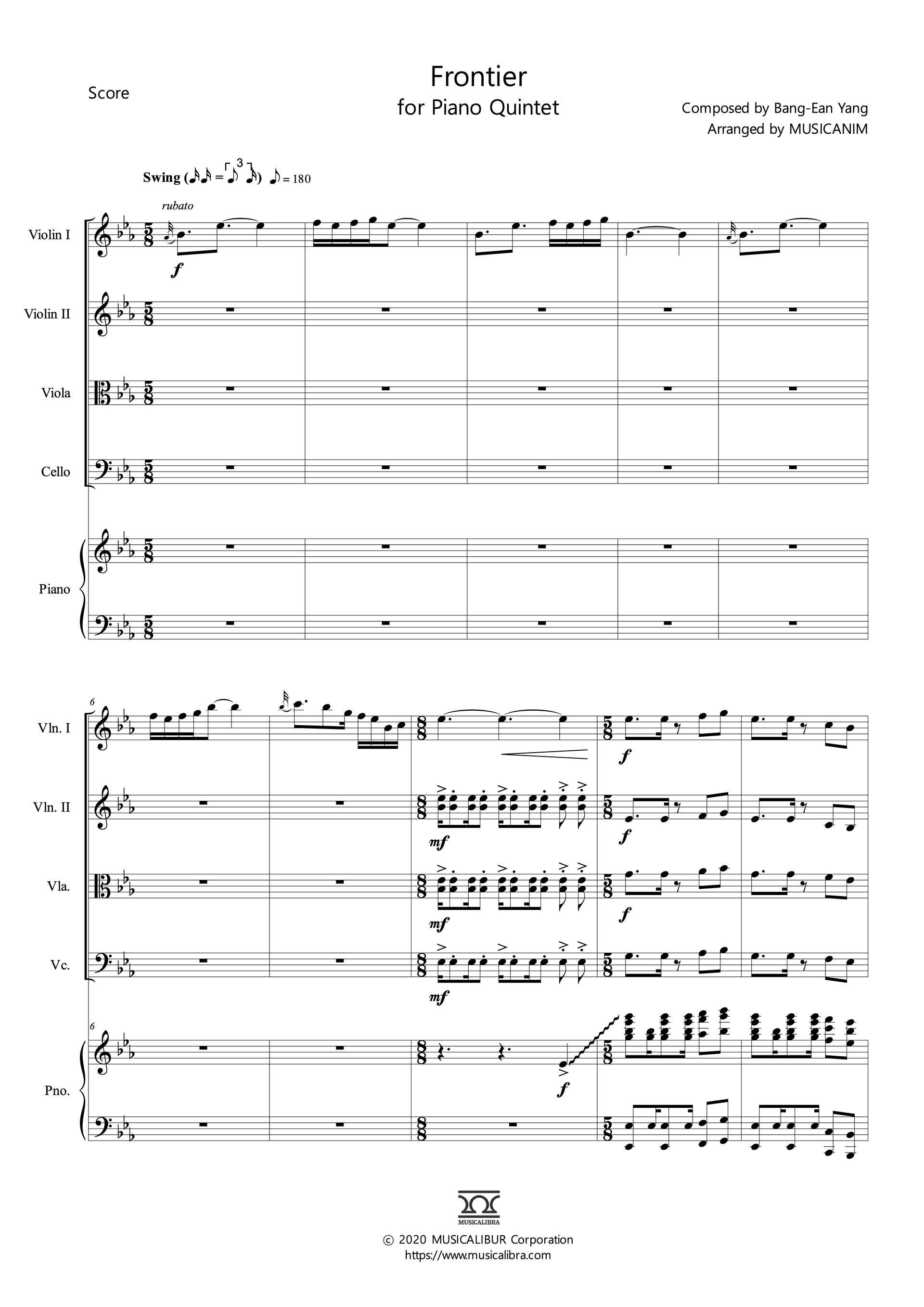 Sheet music of Frontier arranged for violins, viola, cello and piano quintet preview page 1